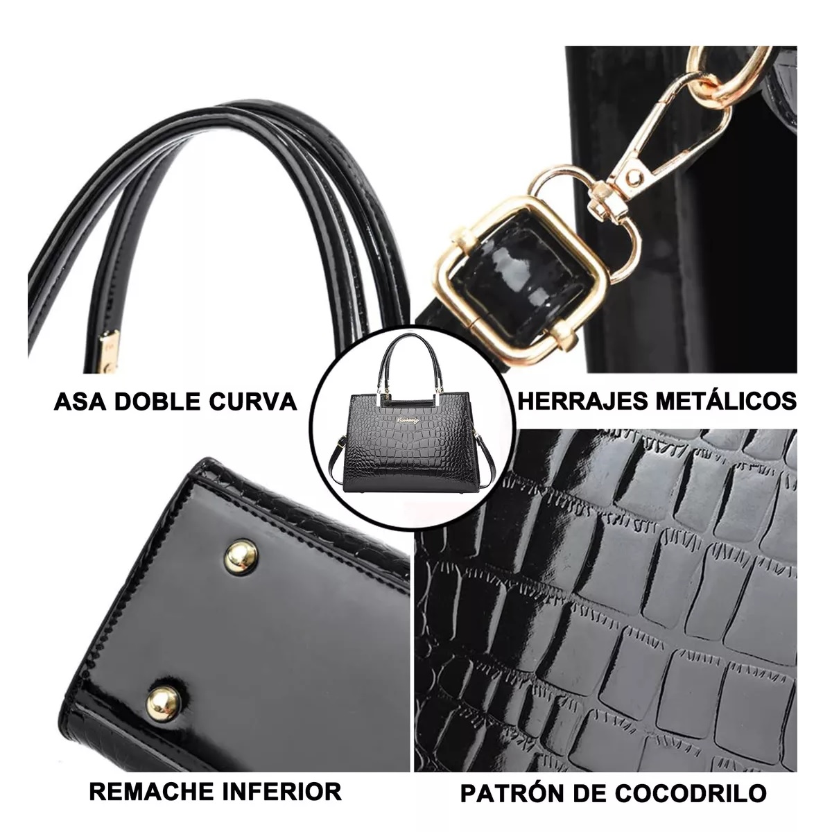 Bolsa Negra Imitación Piel Cocodrilo Dama .