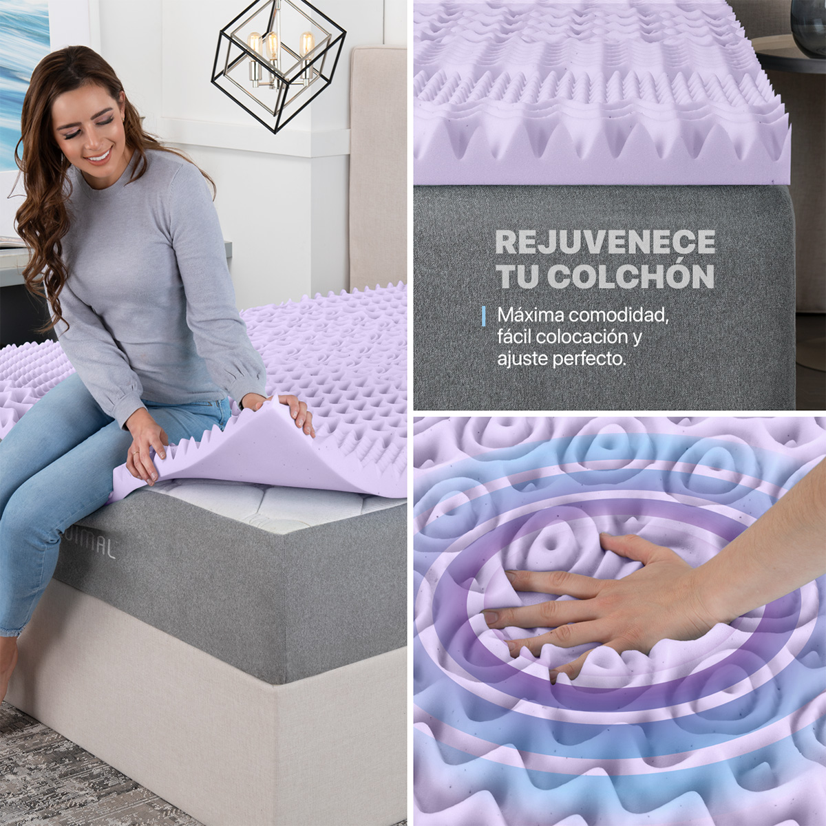 Colchoneta Matrimonial de Memory Foam Cubre Colchón Topper con 7 Zonas de Confort Sobrecolchón Lavanda ESQUIMAL.