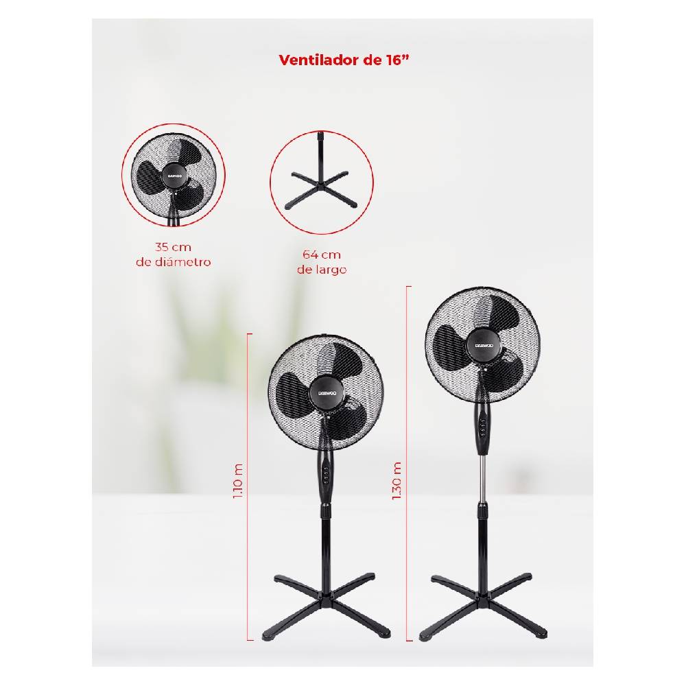 Ventilador Daewoo DI-9416 16 Pedestal 3 Velocidades Negro.