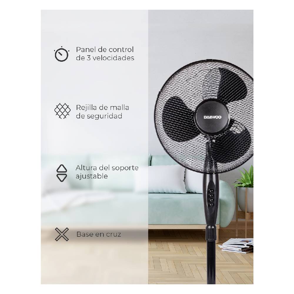 Ventilador Daewoo DI-9416 16 Pedestal 3 Velocidades Negro.