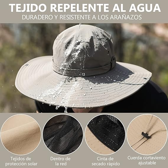 UIEYAKFR Sombrero para Sol Hombre y Mangas para Brazos UV Protección,Gorro Pescador ala Ancha 12cm Hombre con Plegable, Impermeable, Transpirable, para Pesca, Senderismo, Camping,Aire Libre,Golf,.