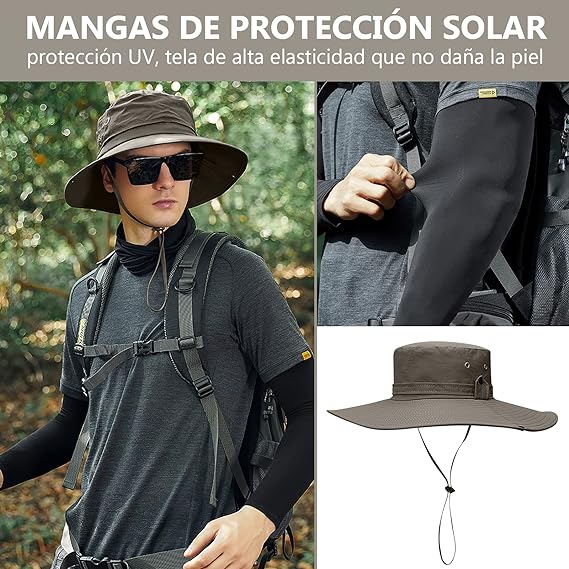 UIEYAKFR Sombrero para Sol Hombre y Mangas para Brazos UV Protección,Gorro Pescador ala Ancha 12cm Hombre con Plegable, Impermeable, Transpirable, para Pesca, Senderismo, Camping,Aire Libre,Golf,.