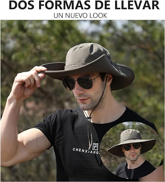 UIEYAKFR Sombrero para Sol Hombre y Mangas para Brazos UV Protección,Gorro Pescador ala Ancha 12cm Hombre con Plegable, Impermeable, Transpirable, para Pesca, Senderismo, Camping,Aire Libre,Golf,.