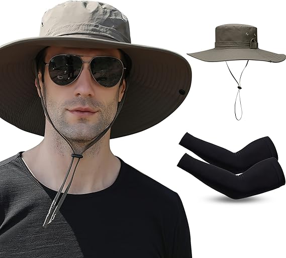 UIEYAKFR Sombrero para Sol Hombre y Mangas para Brazos UV Protección,Gorro Pescador ala Ancha 12cm Hombre con Plegable, Impermeable, Transpirable, para Pesca, Senderismo, Camping,Aire Libre,Golf,.