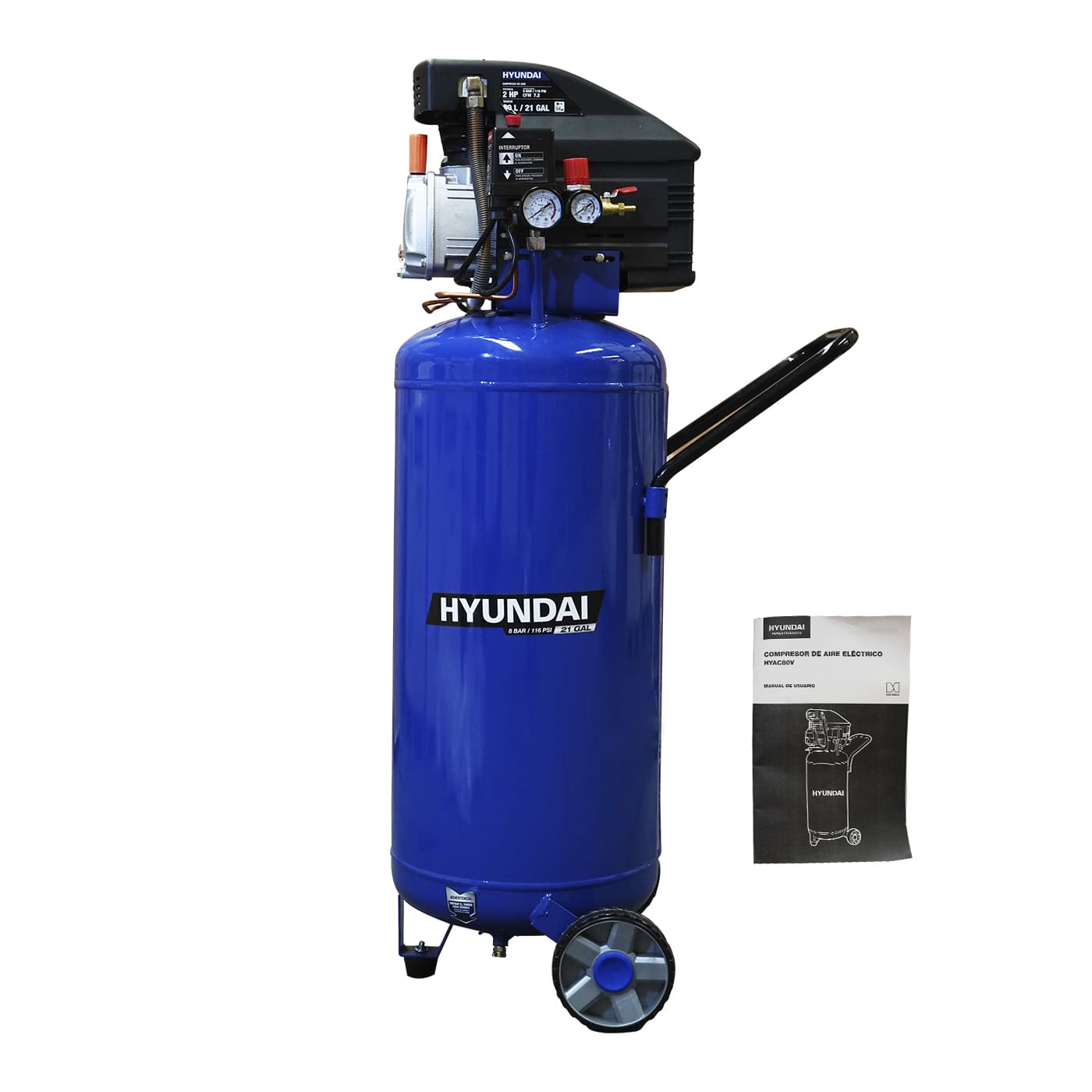 COMPRESOR DE AIRE HYUNDAI 80 LITROS 2 HP 116PSI 110V/60HZ VERTICAL - HYAC80V.