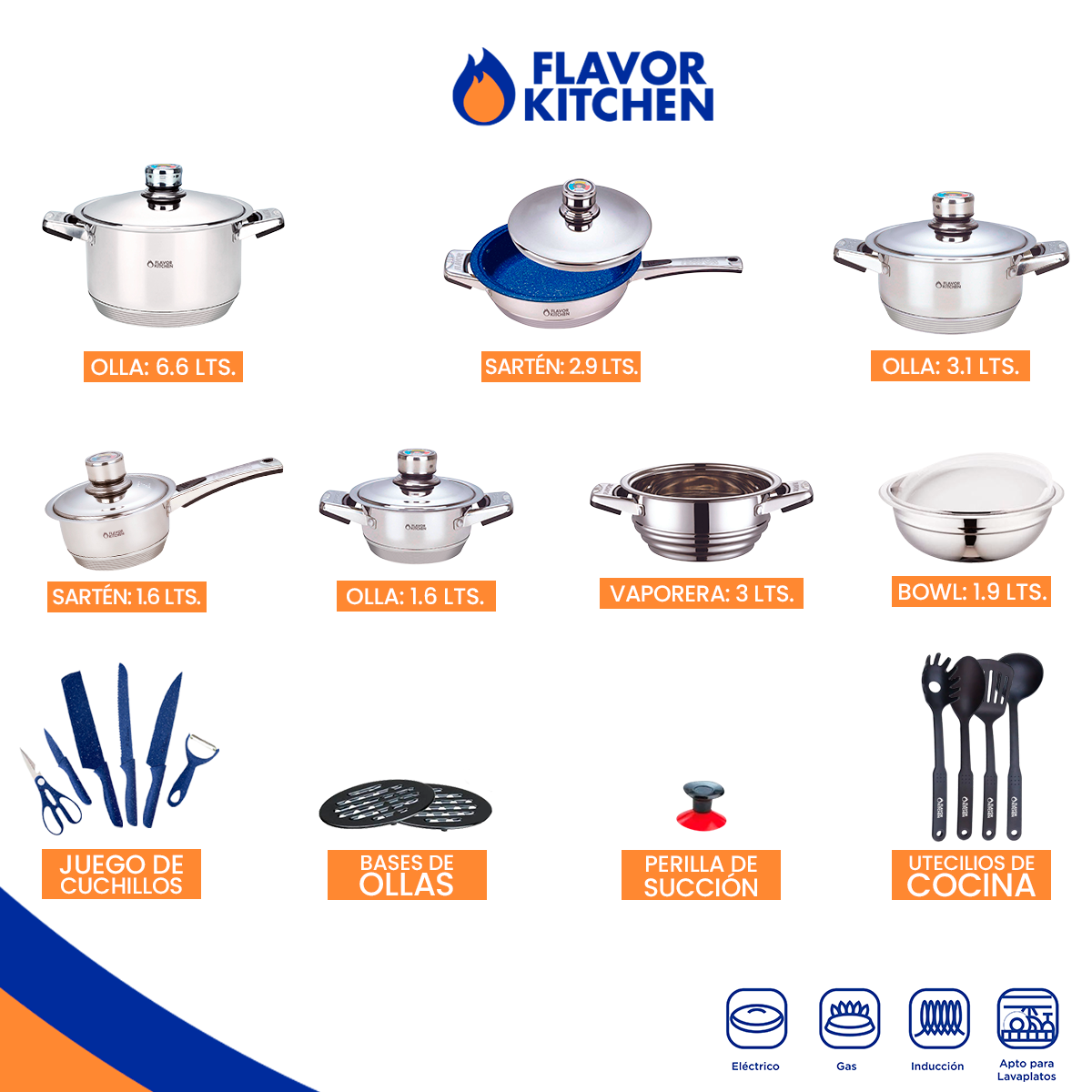 Batería de Cocina Flavor Kitchen Profesional 26 Piezas.