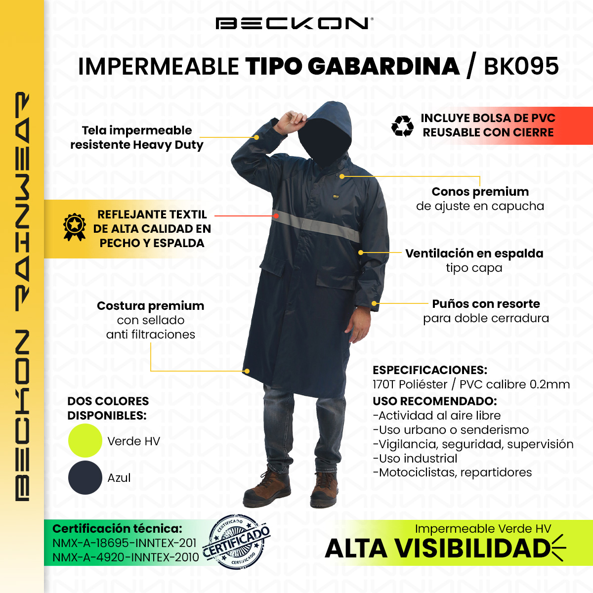Impermeable gabardina largo para lluvias ligero premium unisex hombre mujer con reflejantes rainwear tallas disponibles.