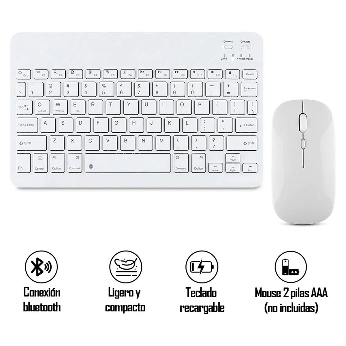 Kit Mini Teclado y Mouse Inalámbrico Bluetooth Celular Tablet PC Blanco.
