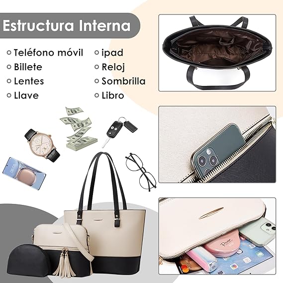 A Bolsos de Mujer, Bolso de Mano de PU Cuero, Bolsa de Hombro Elegante, Bolso Grande para Portatil, Bolsa de Hombro Moda, Bolso Tote para Trabajo, Viaje, Fiesta, 3 Piezas Set.