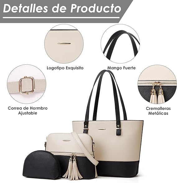 A Bolsos de Mujer, Bolso de Mano de PU Cuero, Bolsa de Hombro Elegante, Bolso Grande para Portatil, Bolsa de Hombro Moda, Bolso Tote para Trabajo, Viaje, Fiesta, 3 Piezas Set.