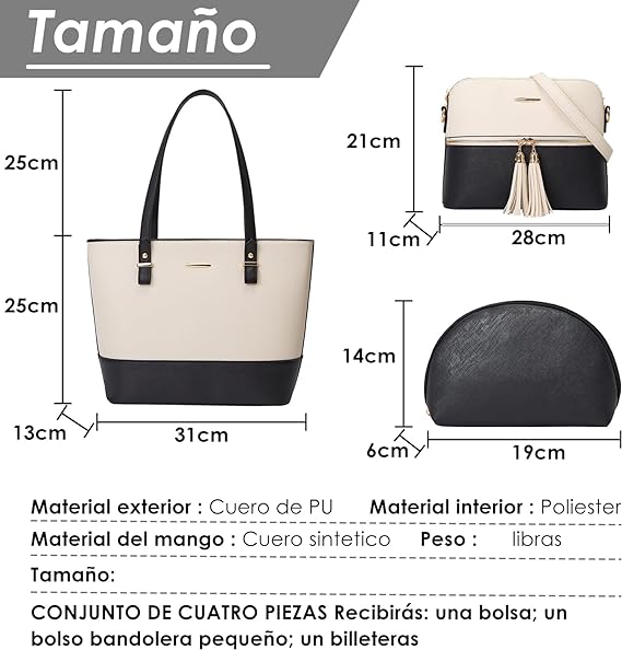 A Bolsos de Mujer, Bolso de Mano de PU Cuero, Bolsa de Hombro Elegante, Bolso Grande para Portatil, Bolsa de Hombro Moda, Bolso Tote para Trabajo, Viaje, Fiesta, 3 Piezas Set.