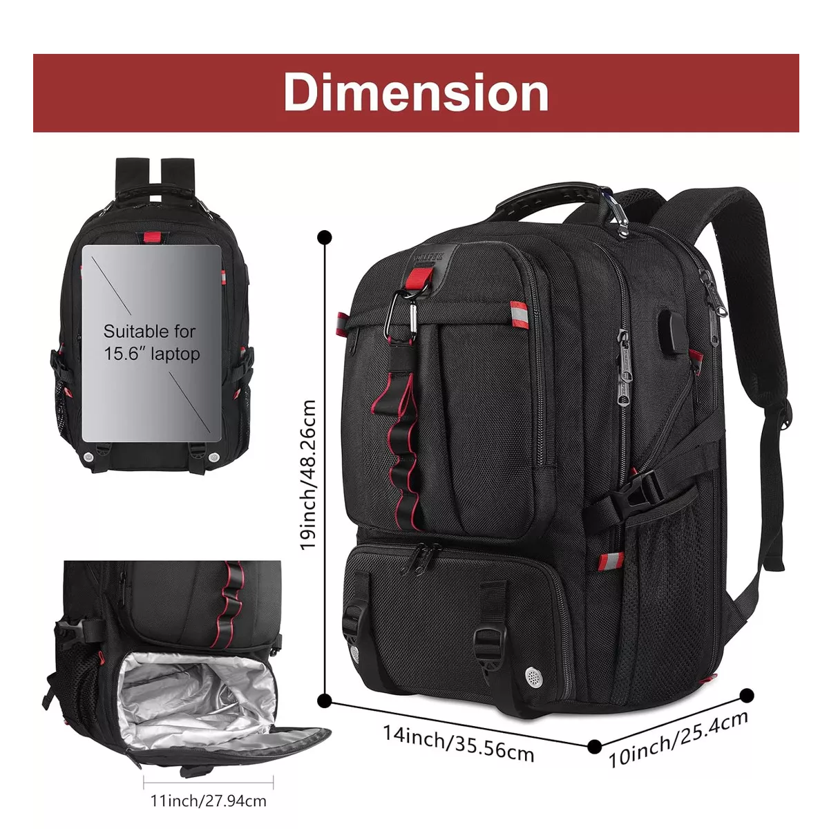 Mochila Gym Con Compartimento Para Zapatos de Viaje 50 L Para Hombre Y Mujer Mochila Para Laptop De 17 Pulgadas Color Negro
