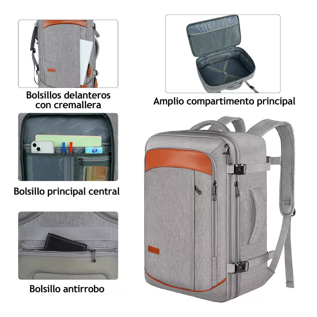 Mochila De Viaje  50L  con Tres Bolsos Gris y Naranja