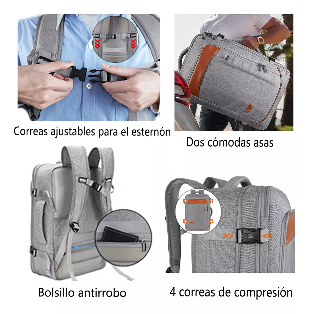 Mochila De Viaje  50L  con Tres Bolsos Gris y Naranja
