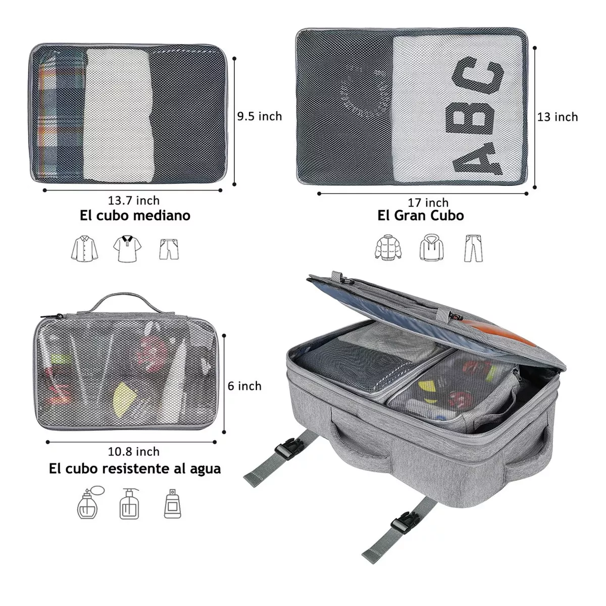 Mochila De Viaje  50L  con Tres Bolsos Gris y Naranja