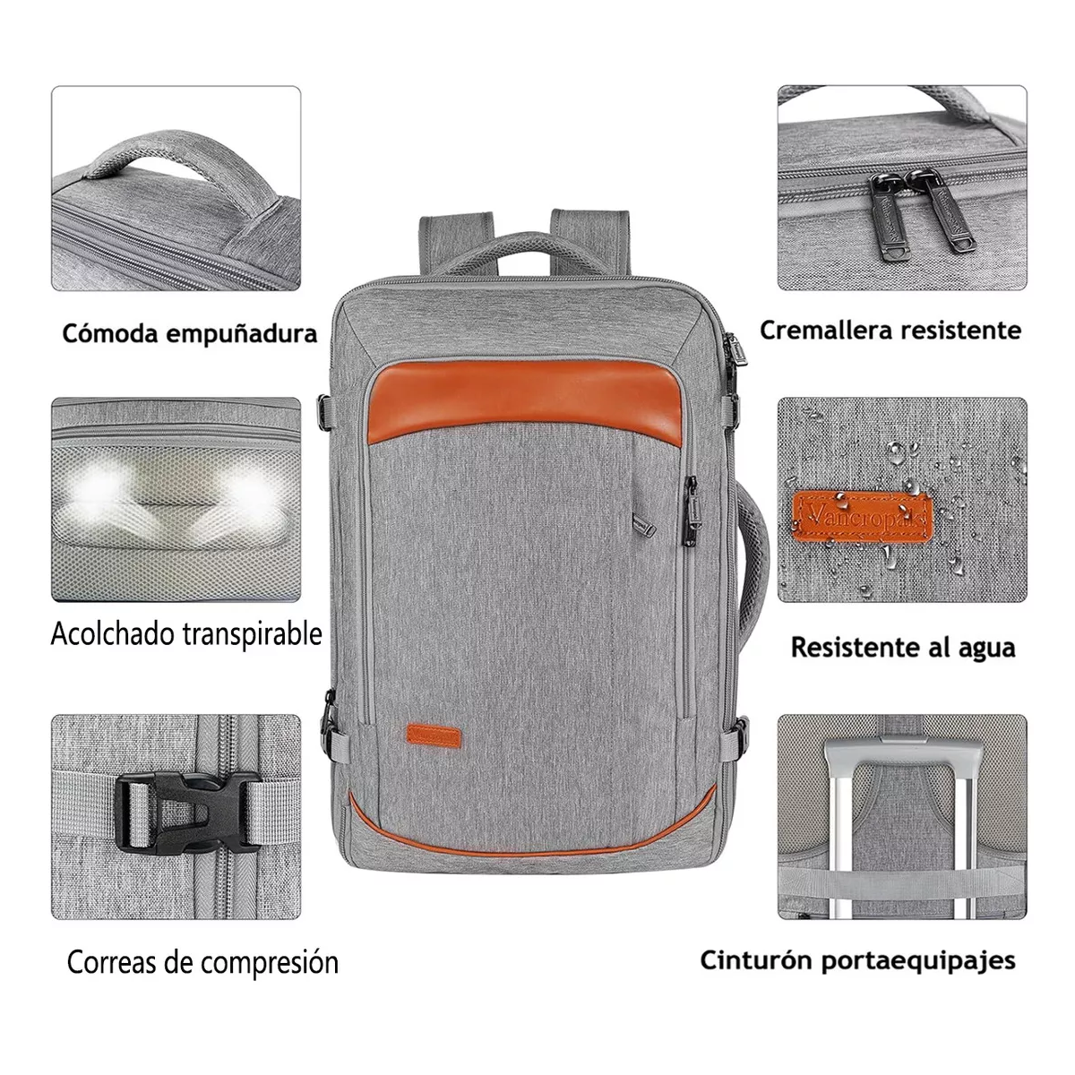 Mochila De Viaje  50L  con Tres Bolsos Gris y Naranja