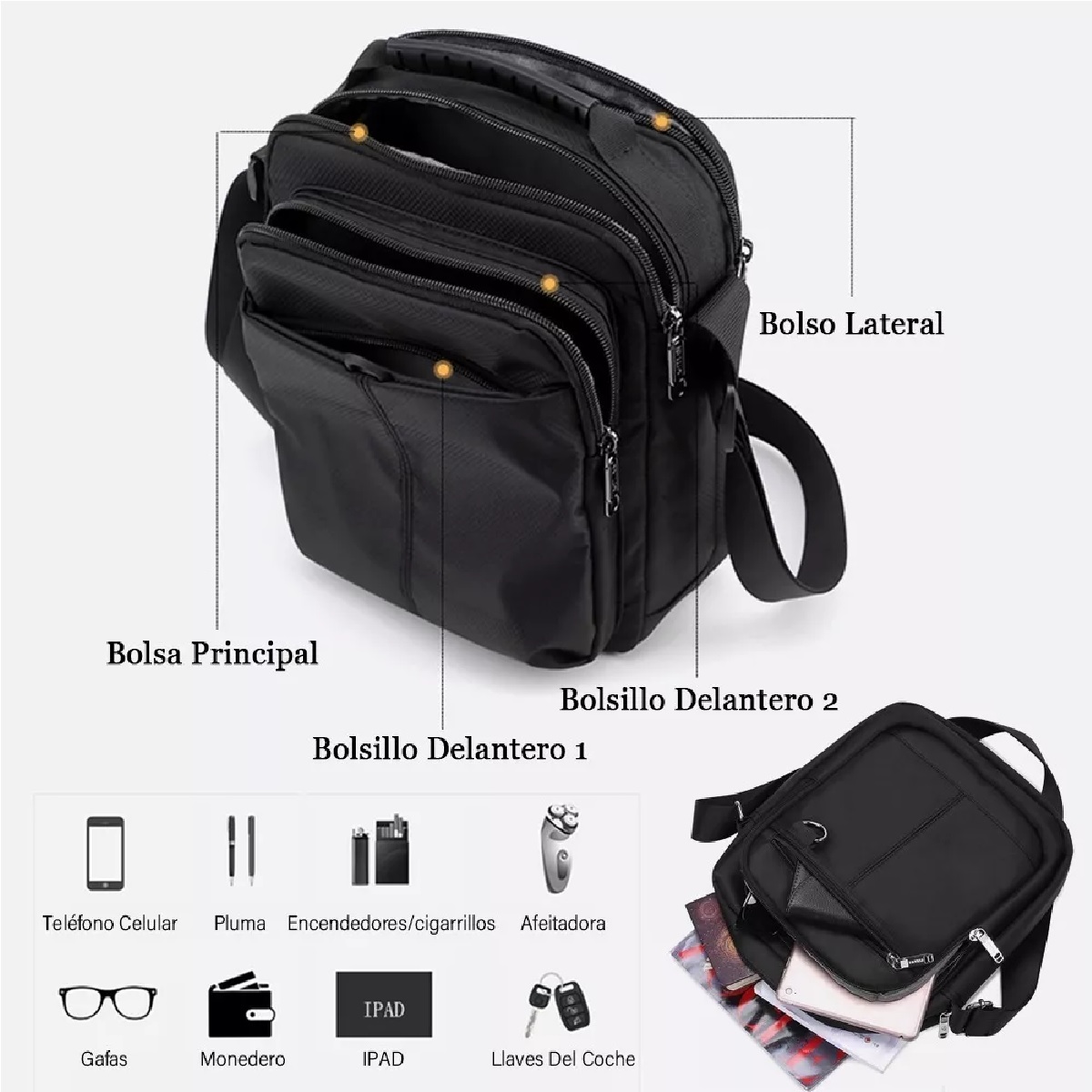 Bolso Mensajero Bandolera Crossbody Billetera Negro.