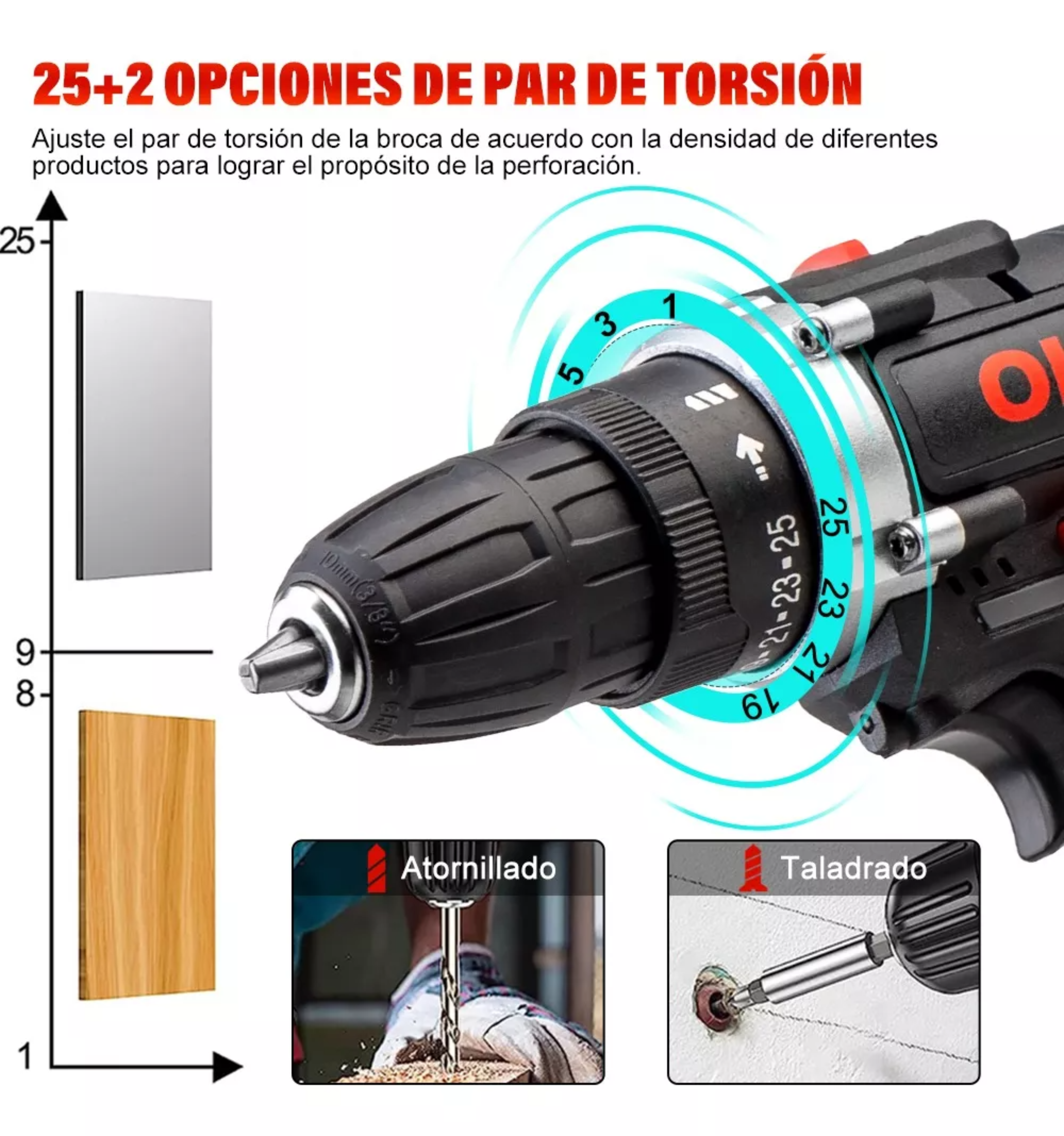 Taladro atornillador inalámbrico de 10mm IMP taladro eléctrico 2 baterías de 2600mAh con maletín de transporte 110V.