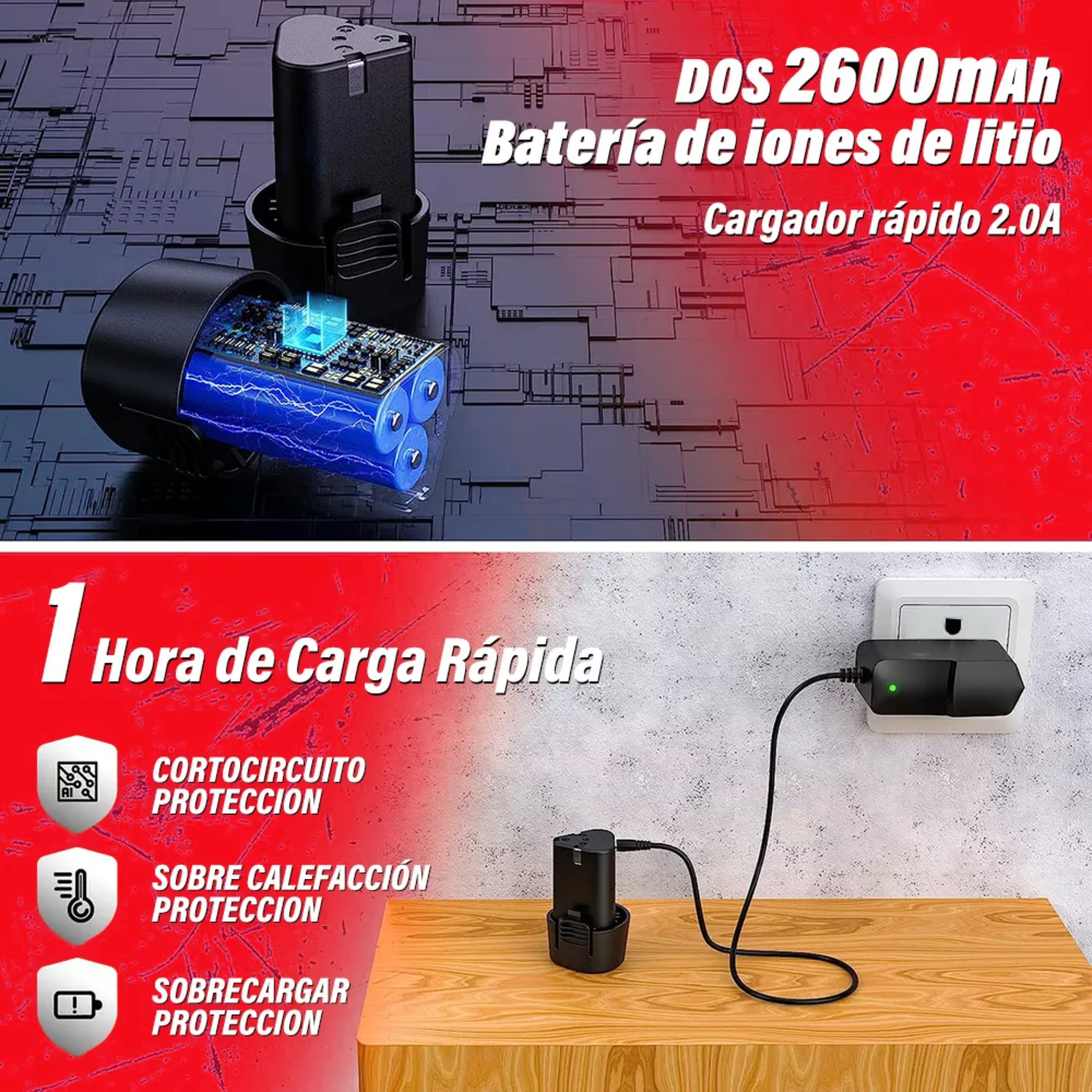 Taladro atornillador inalámbrico de 10mm IMP taladro eléctrico 2 baterías de 2600mAh con maletín de transporte 110V.