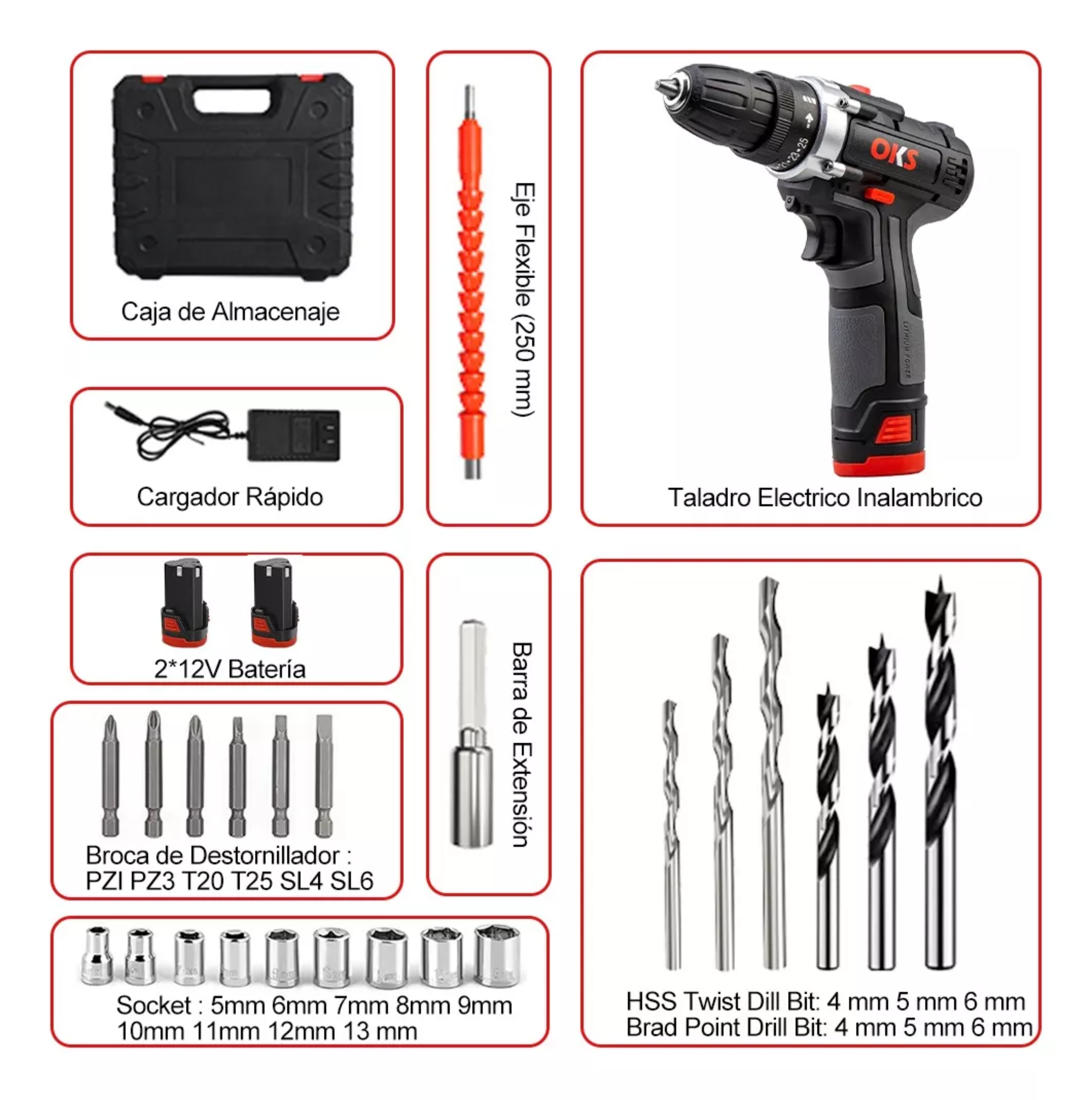 Taladro atornillador inalámbrico de 10mm IMP taladro eléctrico 2 baterías de 2600mAh con maletín de transporte 110V.