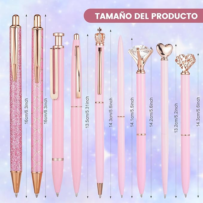 A KCB Bolígrafo Retráctil 9 Piezas, Bolígrafo de Diamante de Cristal Metálico con Brillo, Pluma de Escritura Suave de Punta Fina, Bolígrafo Personalizado, Bolígrafo de Tinta Negra(Rosa).