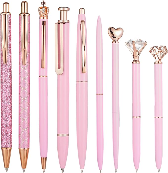 A KCB Bolígrafo Retráctil 9 Piezas, Bolígrafo de Diamante de Cristal Metálico con Brillo, Pluma de Escritura Suave de Punta Fina, Bolígrafo Personalizado, Bolígrafo de Tinta Negra(Rosa).