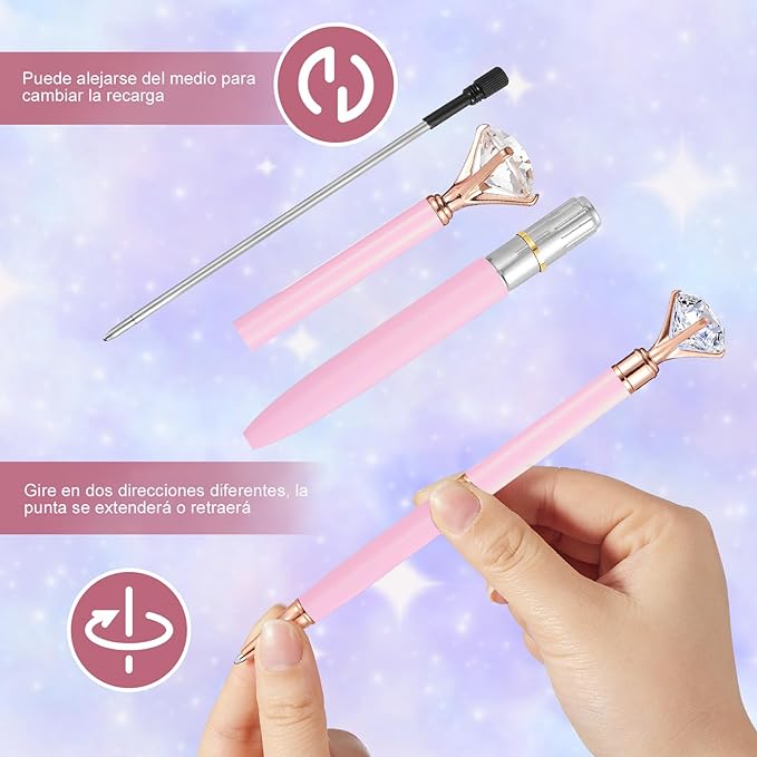 A KCB Bolígrafo Retráctil 9 Piezas, Bolígrafo de Diamante de Cristal Metálico con Brillo, Pluma de Escritura Suave de Punta Fina, Bolígrafo Personalizado, Bolígrafo de Tinta Negra(Rosa).