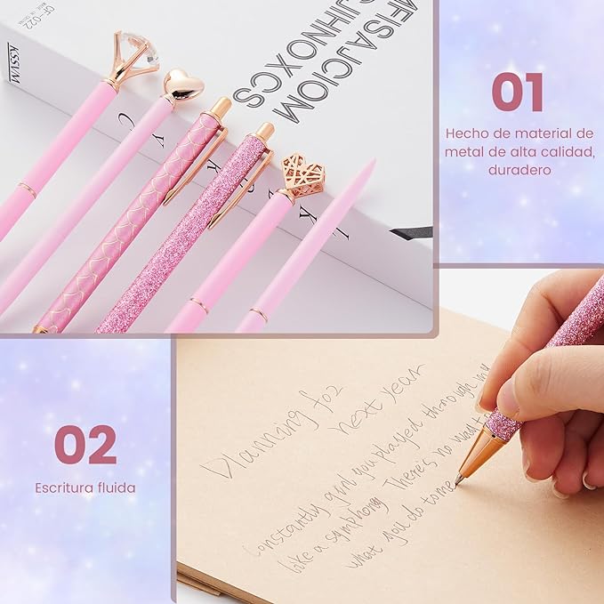 A KCB Bolígrafo Retráctil 9 Piezas, Bolígrafo de Diamante de Cristal Metálico con Brillo, Pluma de Escritura Suave de Punta Fina, Bolígrafo Personalizado, Bolígrafo de Tinta Negra(Rosa).