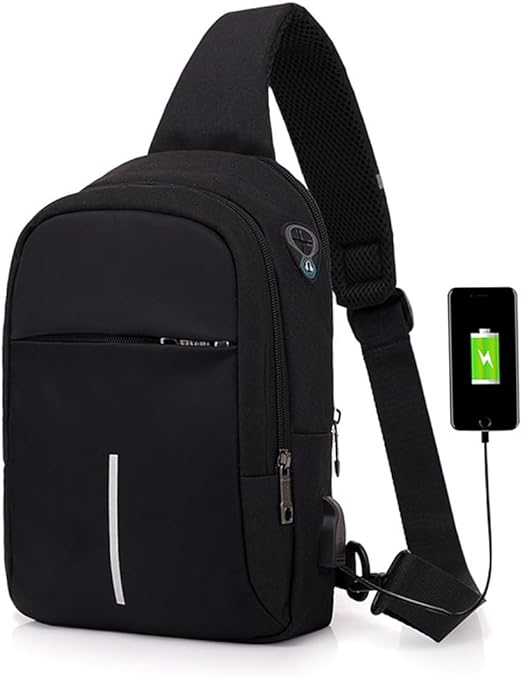 A VOICEPTT Mochila Cruzada Multifuncional para Hombre, Bolso de Pecho Impermeable con Puerto de Carga USB y de Auriculares para Senderismo, viaje, Cita, Actividades al Aire Libre.