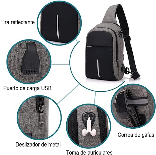 A VOICEPTT Mochila Cruzada Multifuncional para Hombre, Bolso de Pecho Impermeable con Puerto de Carga USB y de Auriculares para Senderismo, viaje, Cita, Actividades al Aire Libre.