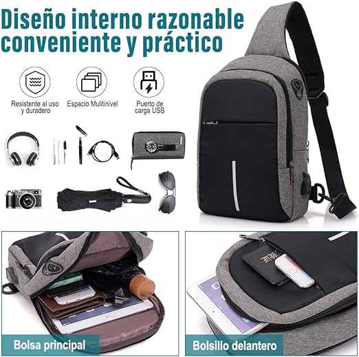 A VOICEPTT Mochila Cruzada Multifuncional para Hombre, Bolso de Pecho Impermeable con Puerto de Carga USB y de Auriculares para Senderismo, viaje, Cita, Actividades al Aire Libre.
