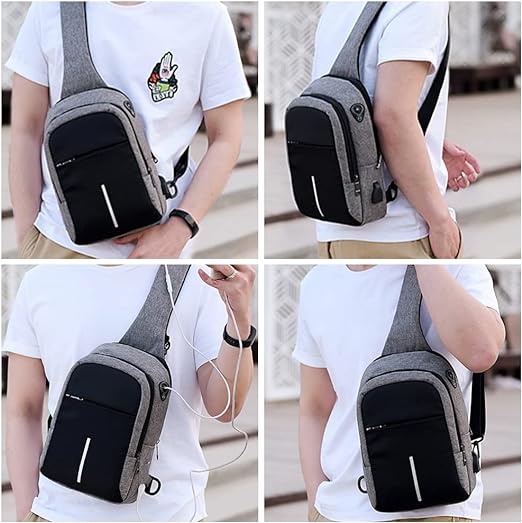 A VOICEPTT Mochila Cruzada Multifuncional para Hombre, Bolso de Pecho Impermeable con Puerto de Carga USB y de Auriculares para Senderismo, viaje, Cita, Actividades al Aire Libre.