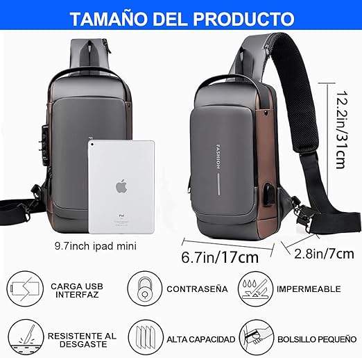 A Mochila Cruzada Antirrobo Impermeable,Bolso Bandolera con Puerto de Carga USB,Mochila antirrobo unisex,Bolsa Antirrobo Hombre,Bandolera Hombre,erfecta para Actividades como Deportes, Compras.