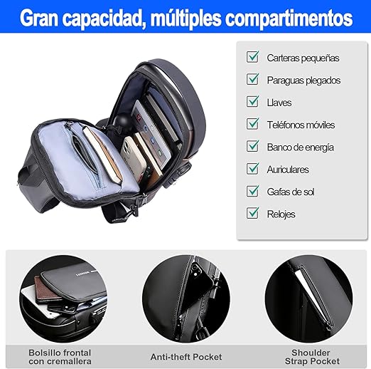 A Mochila Cruzada Antirrobo Impermeable,Bolso Bandolera con Puerto de Carga USB,Mochila antirrobo unisex,Bolsa Antirrobo Hombre,Bandolera Hombre,erfecta para Actividades como Deportes, Compras.
