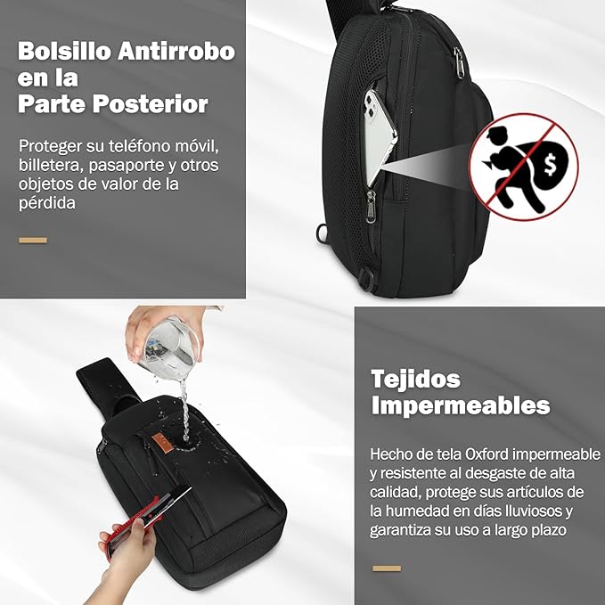 A RAINSMORE Bolso para Hombre Antirrobo Mochila Cruzada Impermeable y Ligera Bolso de Pecho Grande Bandolera Hombre Sling Bag para Caminar,Viajar, Actividades al Aire Libre.