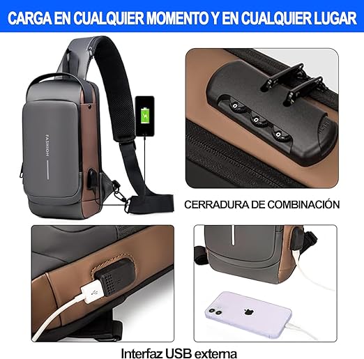 A Mochila Cruzada Antirrobo Impermeable,Bolso Bandolera con Puerto de Carga USB,Mochila antirrobo unisex,Bolsa Antirrobo Hombre,Bandolera Hombre,erfecta para Actividades como Deportes, Compras.