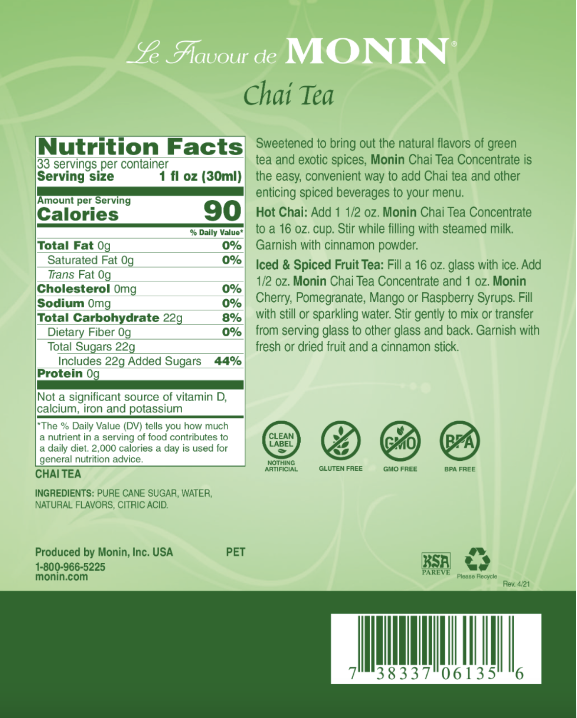 Concentrado MONIN Chai tea 1lt