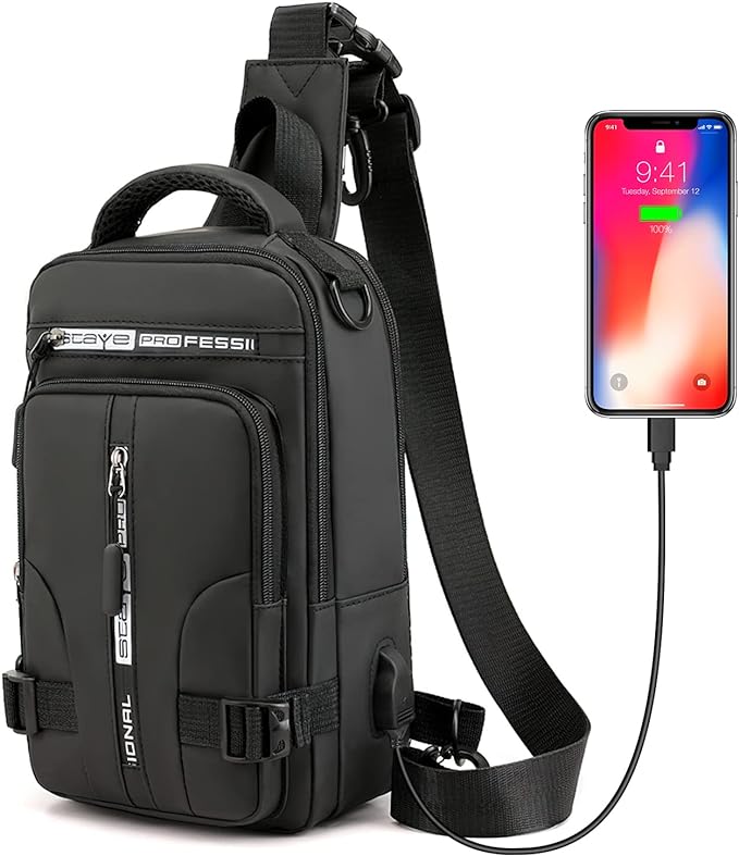 A Mochila de Hombro, Sebami Bolsa de Pecho Mochila Cruzada Pecho Mochila Bandolera Bolso Bandolera con Puerto de Carga USB para Deportes Viaje Gimnasio Ciclismo Senderismo.
