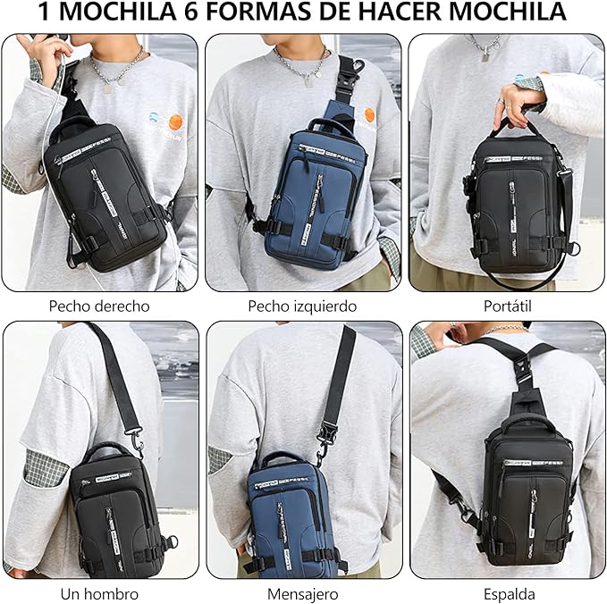 A Mochila de Hombro, Sebami Bolsa de Pecho Mochila Cruzada Pecho Mochila Bandolera Bolso Bandolera con Puerto de Carga USB para Deportes Viaje Gimnasio Ciclismo Senderismo.
