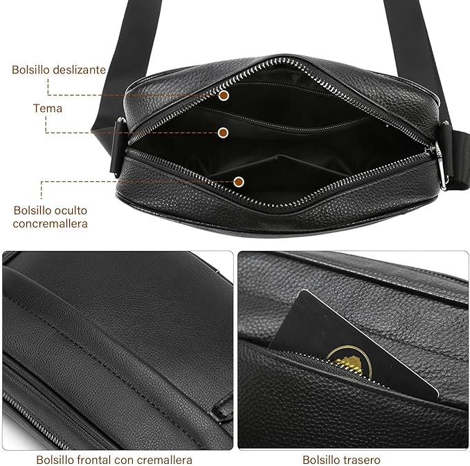 A Bandolera Hombre,Mariconera,Crossbody Hombre,Bolsa Mensajero Bandolera Piel,Impermeable Bolsa Crossbody,Para Uso Diario,Deportes,Empresas,Senderismo,viajes,negro.