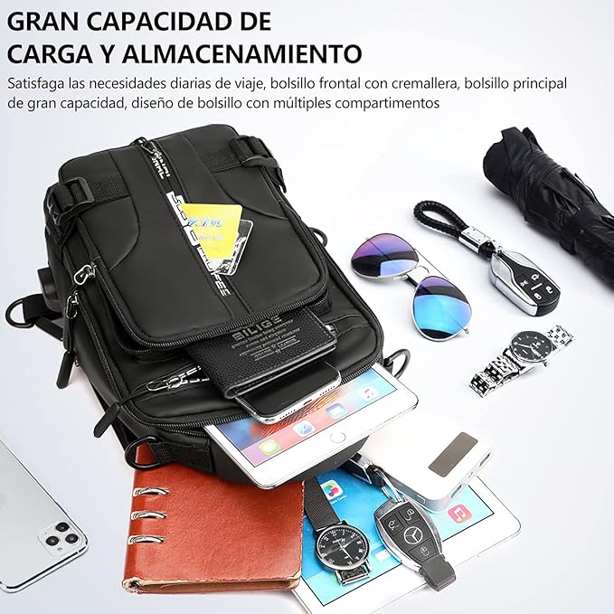 A Mochila de Hombro, Sebami Bolsa de Pecho Mochila Cruzada Pecho Mochila Bandolera Bolso Bandolera con Puerto de Carga USB para Deportes Viaje Gimnasio Ciclismo Senderismo.