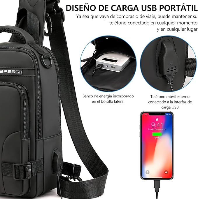 A Mochila de Hombro, Sebami Bolsa de Pecho Mochila Cruzada Pecho Mochila Bandolera Bolso Bandolera con Puerto de Carga USB para Deportes Viaje Gimnasio Ciclismo Senderismo.