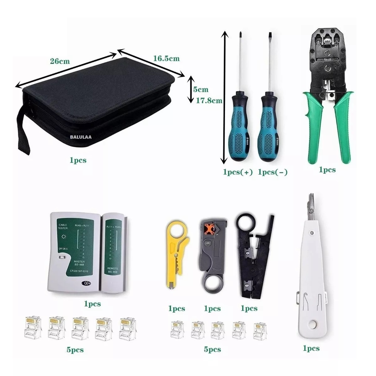 Kit Herramientas Probador De Red De Cables Verde/Negro .