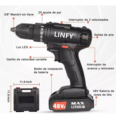Taladro Atornillador Inalámbrico Con 2 Batería De Litio