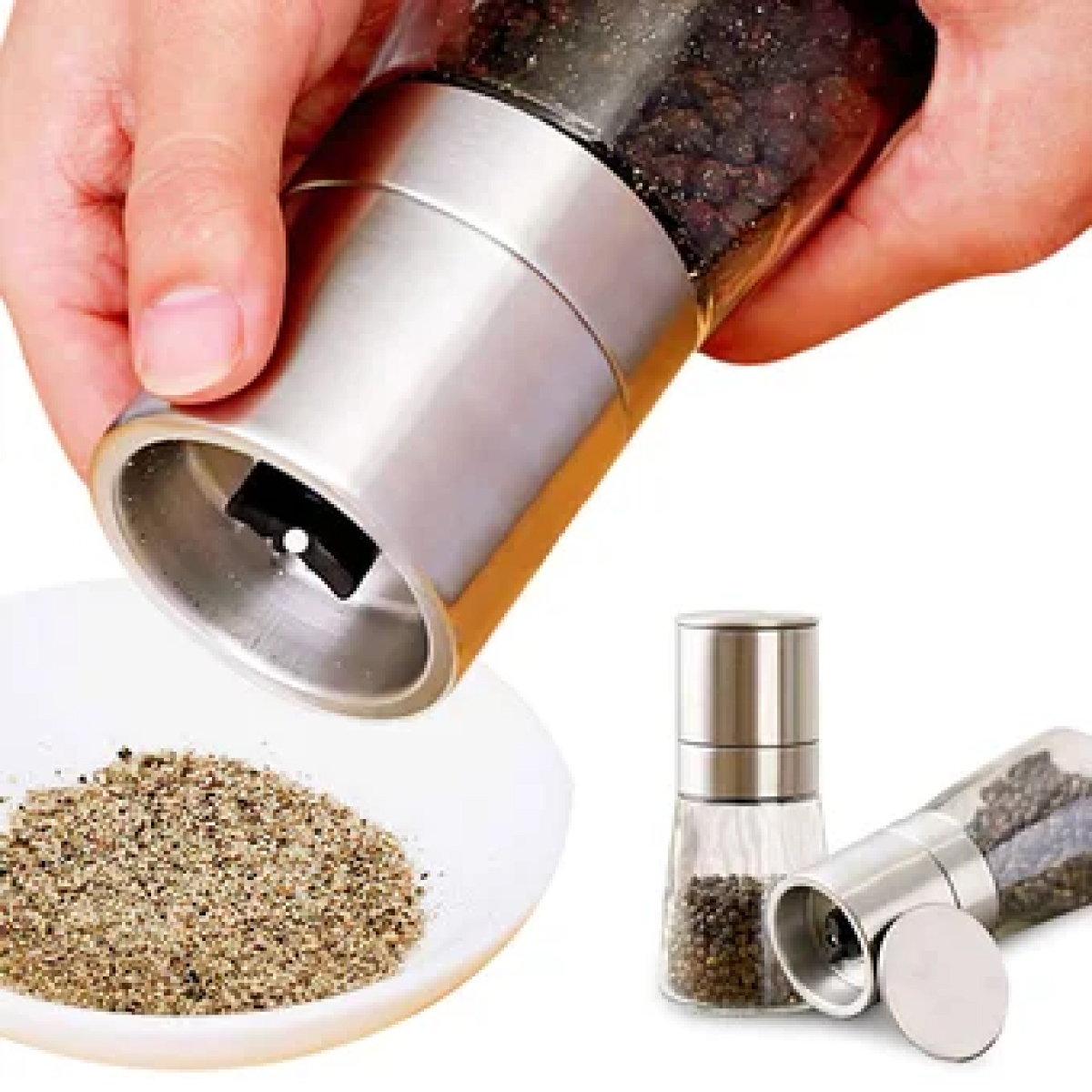 Ilios Innova Set de molinos de sal y pimienta manuales molinillos para especias de acero inoxidable rellenables