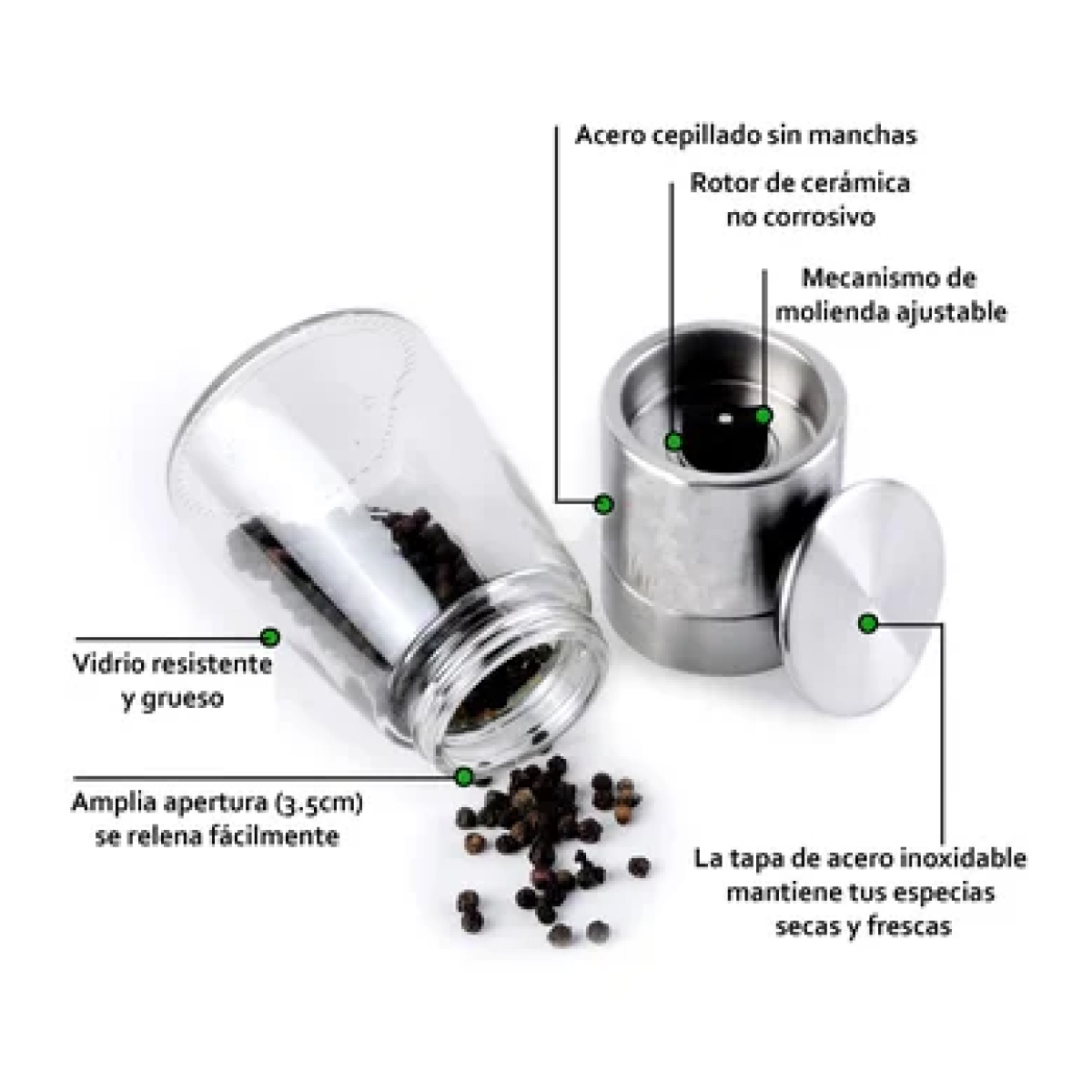 Ilios Innova Set de molinos de sal y pimienta manuales molinillos para especias de acero inoxidable rellenables