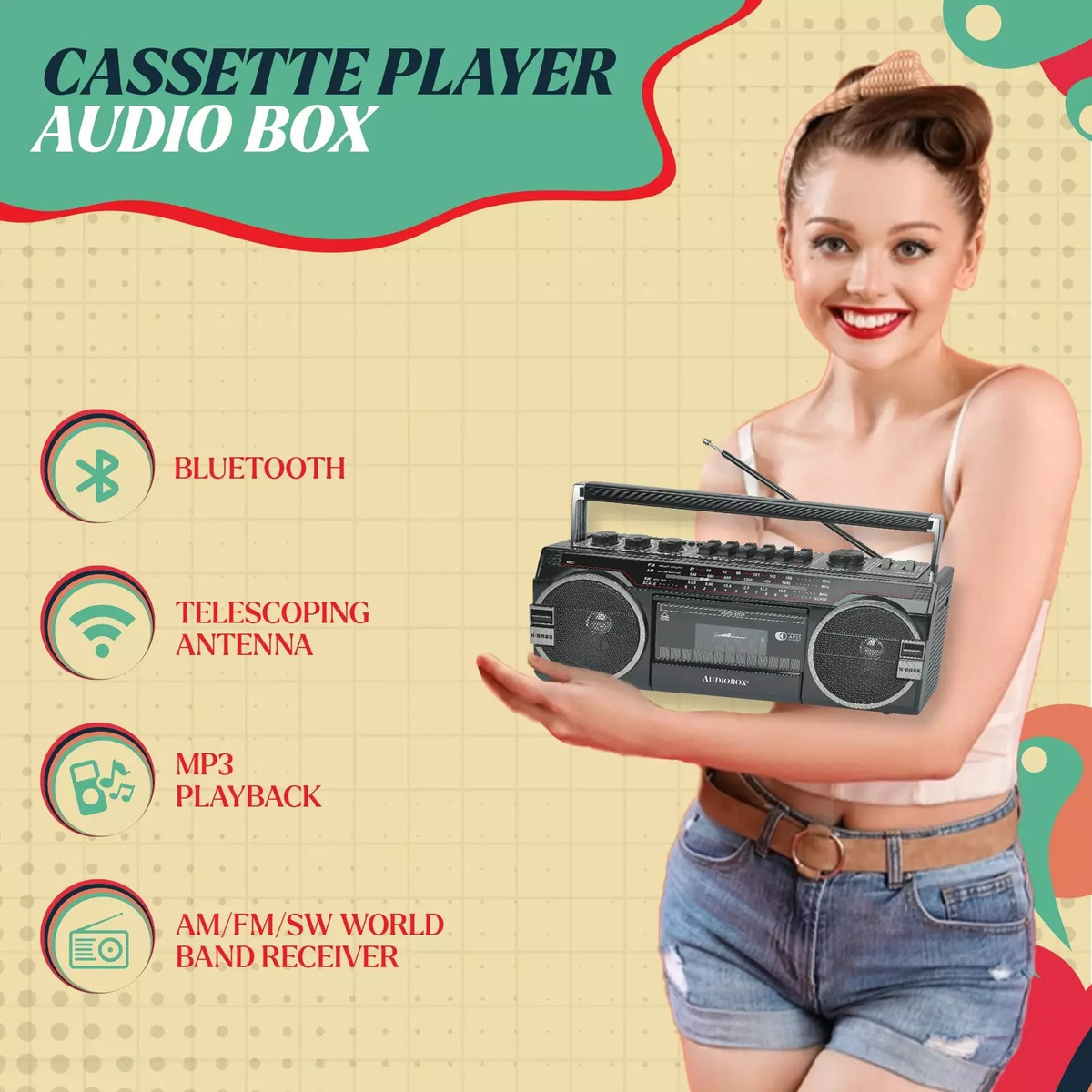 Radio Grabadora Retro Con Casette, Bluetooth, Radio FM, USB, RXC-25BT Audiobox.