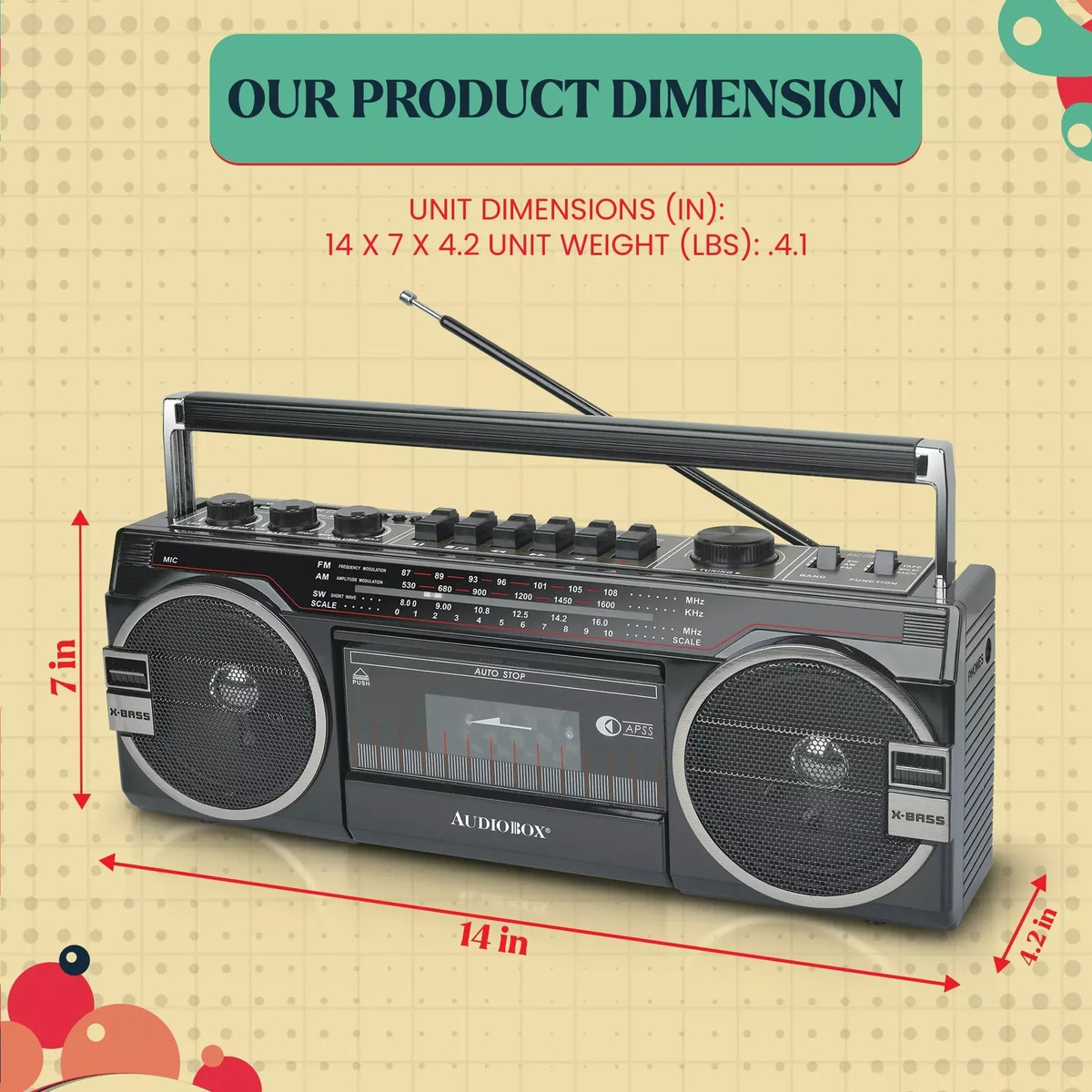 Radio Grabadora Retro Con Casette, Bluetooth, Radio FM, USB, RXC-25BT Audiobox.