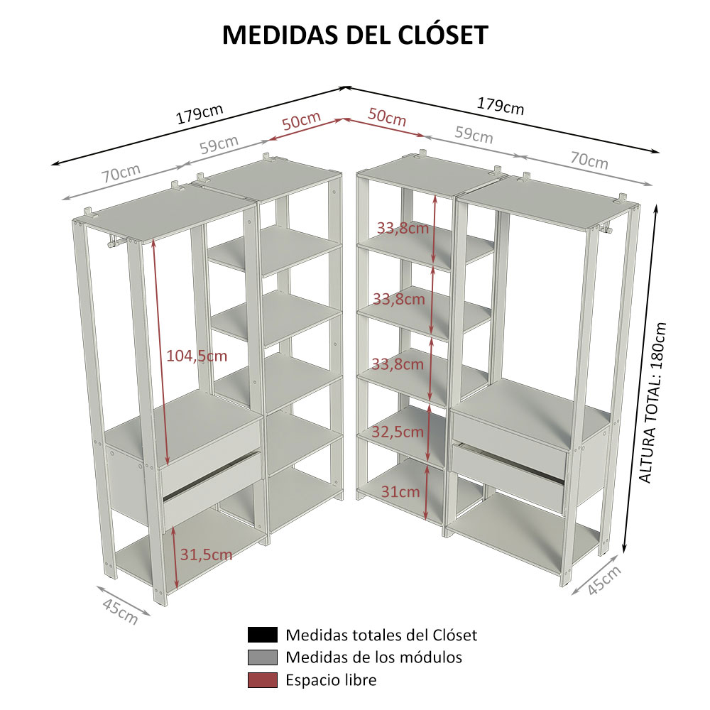 Ropero Closet Modular Valencia 4 Cajones 358cm Rústico/Negro Madesa 04.