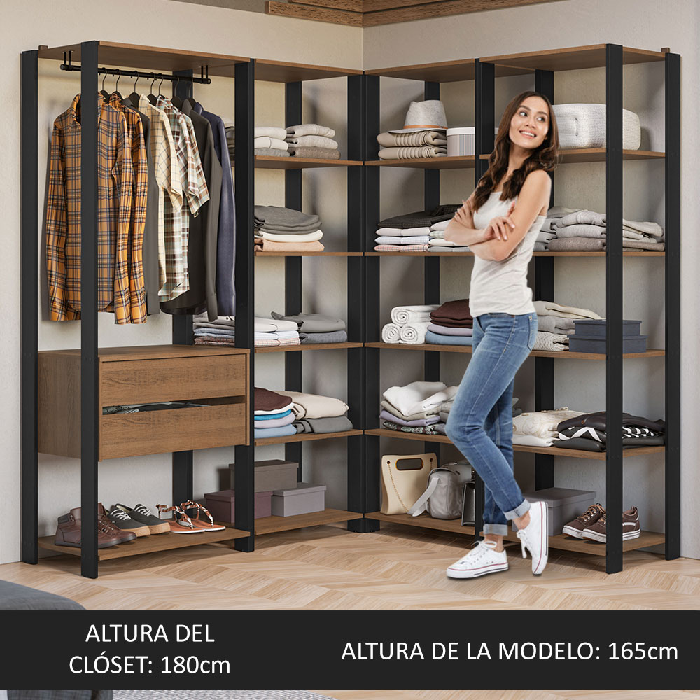 Ropero Closet Modular Valencia 2 Cajones 337cm Rústico/Negro Madesa 05